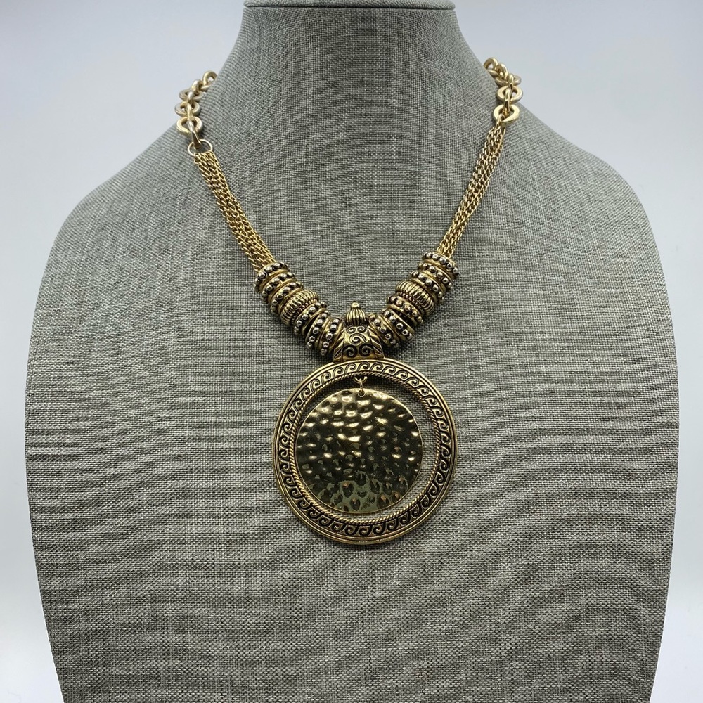 Chico's Gold Tone Hammered Disc Pendant Statement Bead Necklace Multi-Strand Big